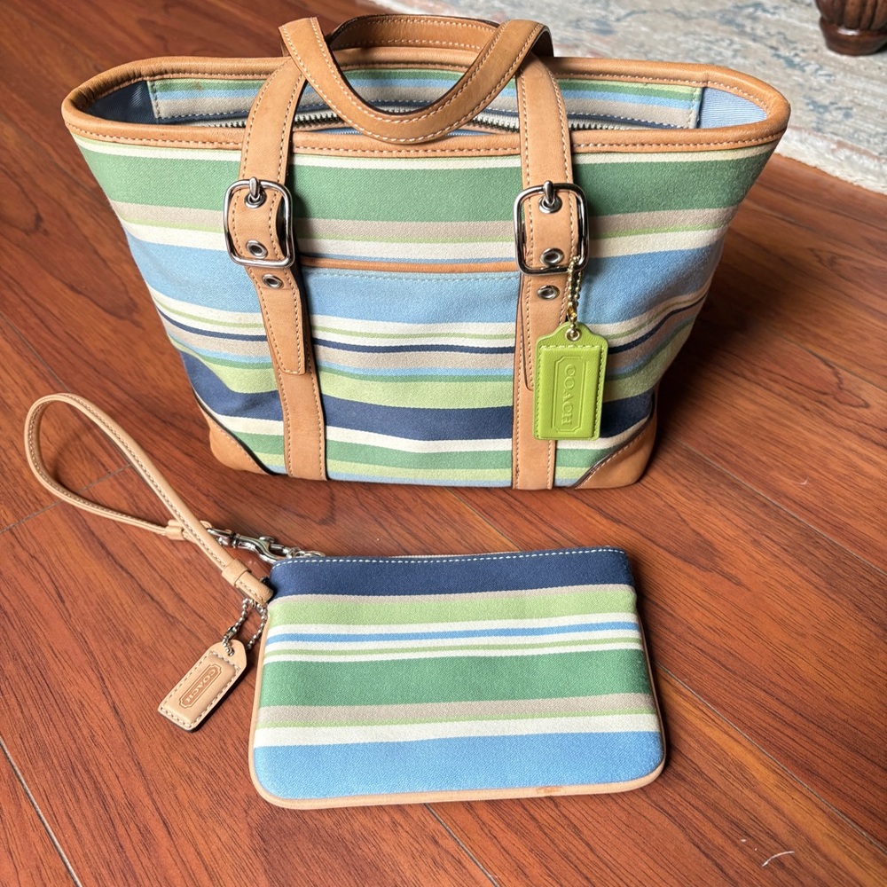 Coach Green and Blue Striped Tote with Classic Leather Accents